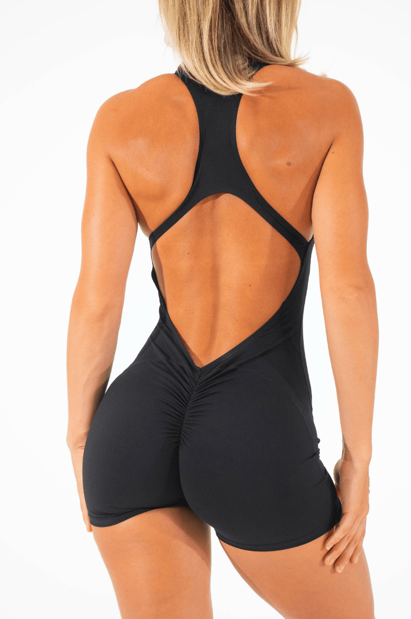 Club Athletica bodysuits com zíper de silhueta esculpida na cor preta