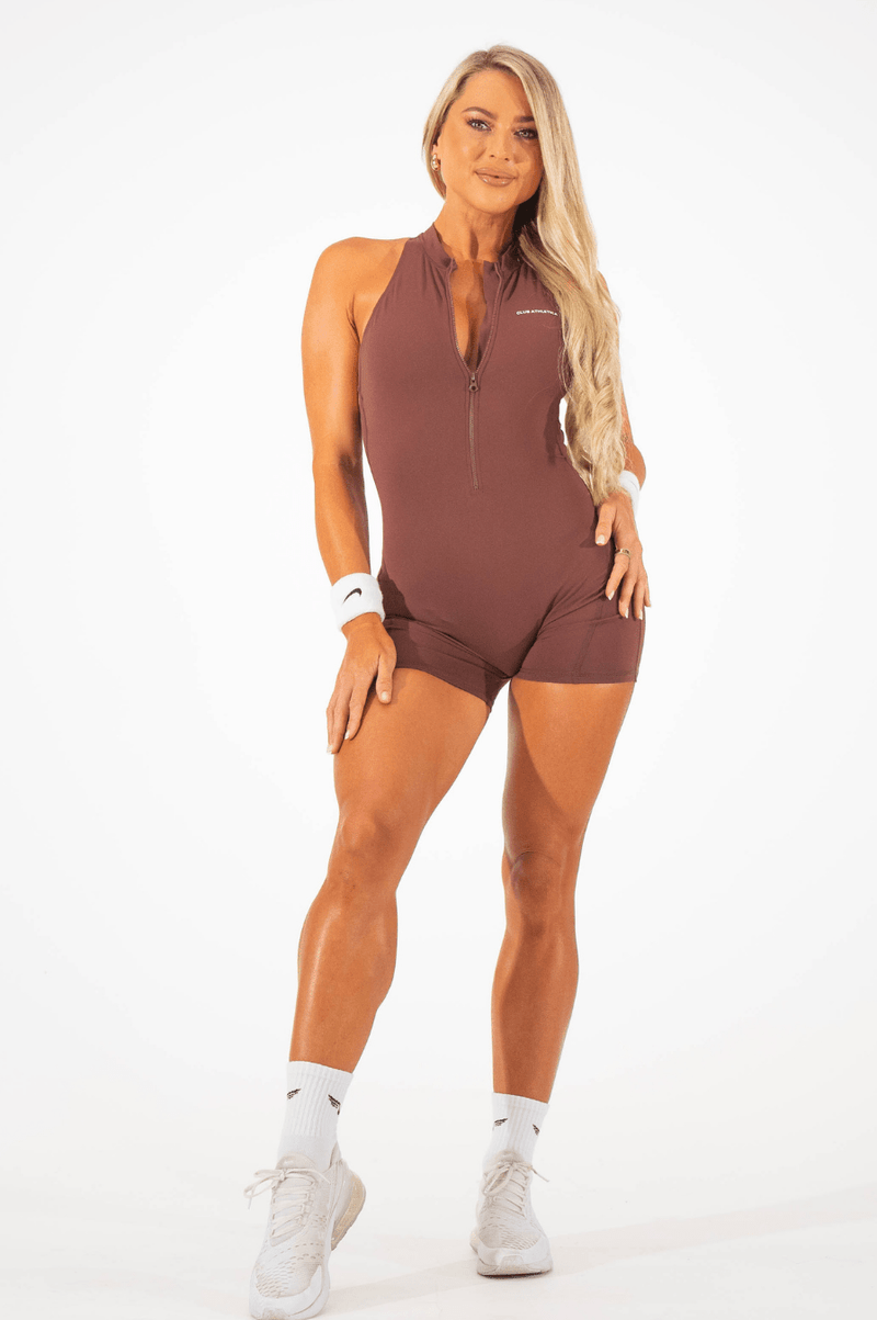 Club Athletica Bodysuits com silhueta esculpida e zíper na cor marrom profundo